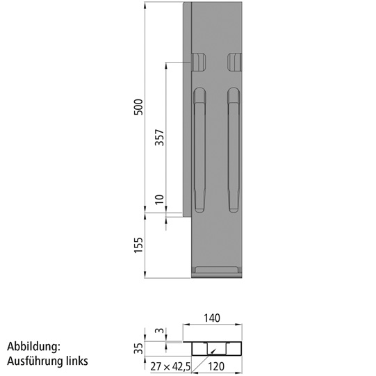K20 Eckrunge hinten, rechts, Stahl, schwarz KTL-beschichtet, 500 mm Nennh&ouml;he