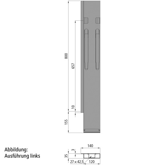 K20 Eckrunge hinten, rechts, Stahl, schwarz KTL-beschichtet, 800 mm Nennh&ouml;he