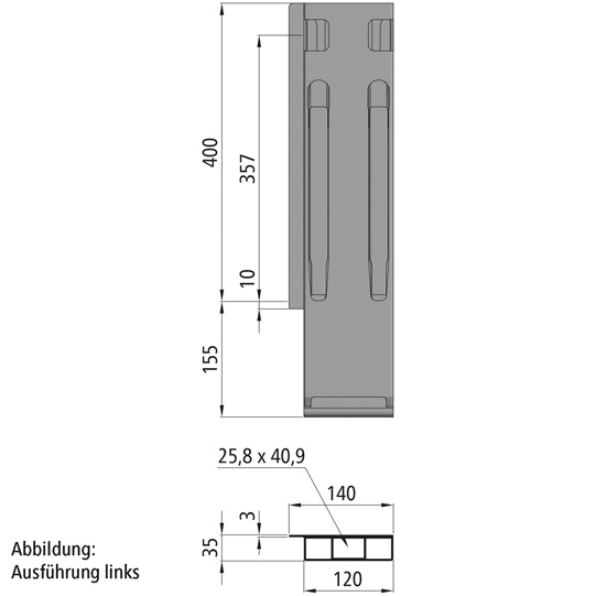 K20 Eckrunge hinten, rechts, Aluminium eloxiert, 400 mm Nennh&ouml;he, Suer 106121371