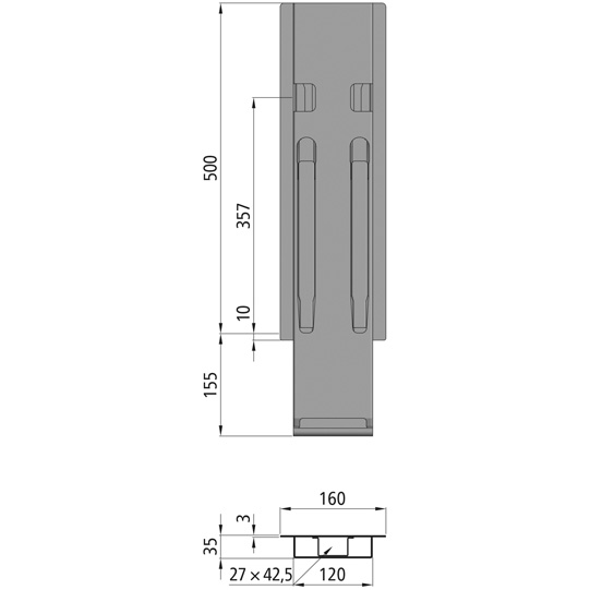K20 Mittelrunge, Stahl, microZINQ 500 mm Nennh&ouml;he, ohne Aufnahme f&uuml;r Kinnetop