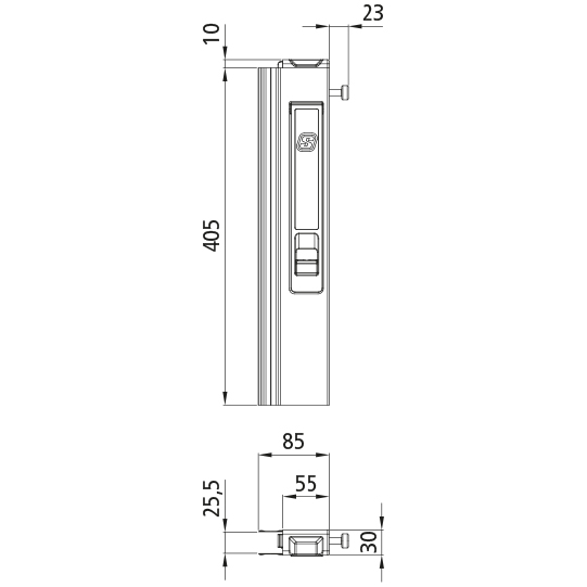 T50 Langwegverschluss, Aluminium, 405 mm, rechts, mit Ladungsinnendruckerkennung