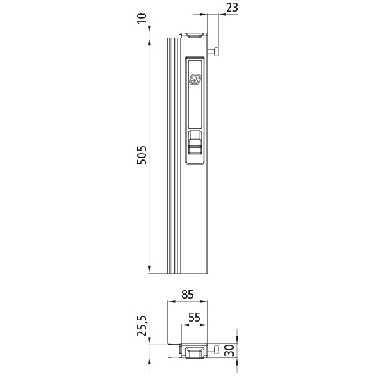 T50 Langwegverschluss, Aluminium, 505 mm, rechts, mit Ladungsinnendruckerkennung