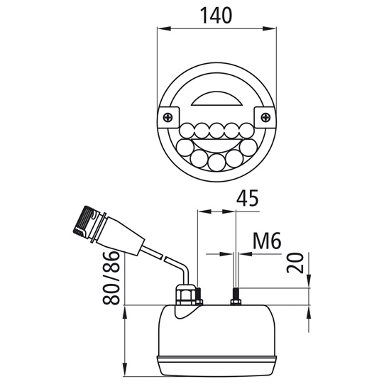 Asp&ouml;ck - 2-Funktionsleuchte LED,12/24 V,140mm Durchmesser,1,50 m,7-po Suer